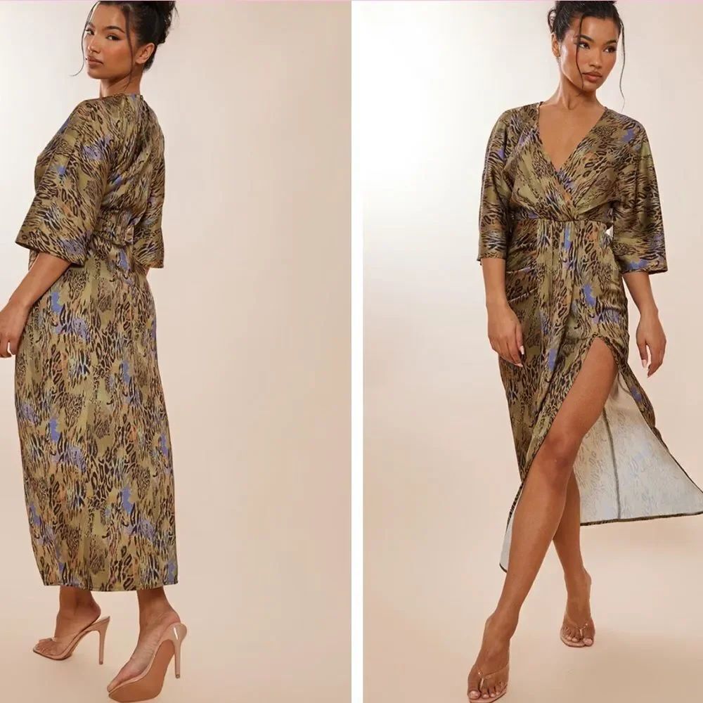 Pretty Little Thing  Khaki Animal Print Satin Batwing Plunge Split Midaxi Dress